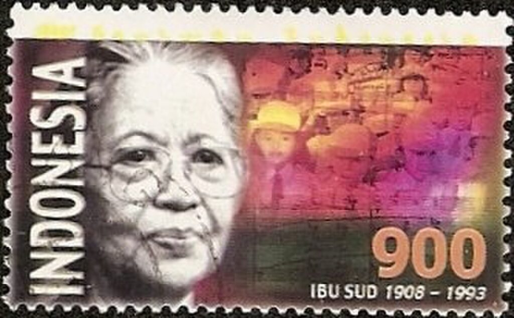 Prangko Indonesia tahun 2000 bergambar Ibu Sud, terkait lagu anak ciptaan Ibu Sud